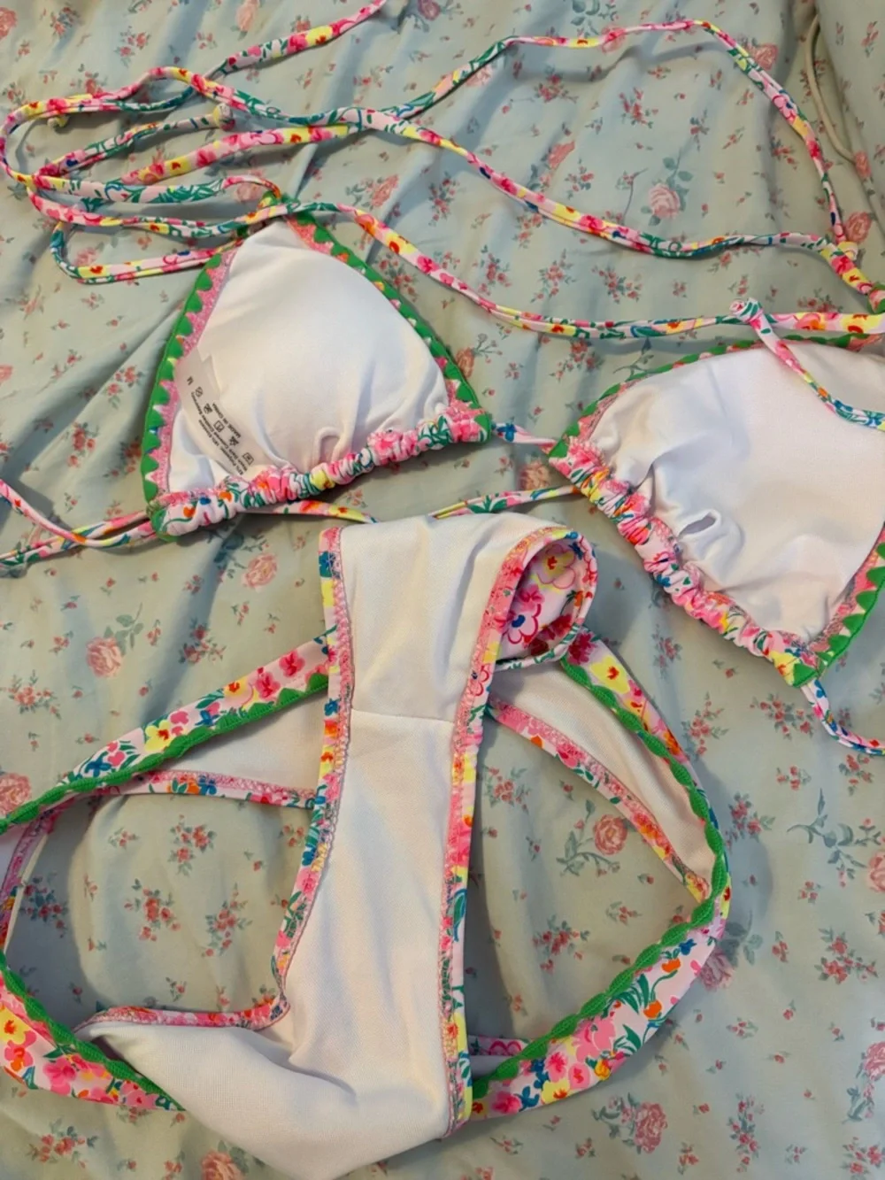 Floral Triangle Tie Bikini Set - Pink & Green - Picture 3 of 4